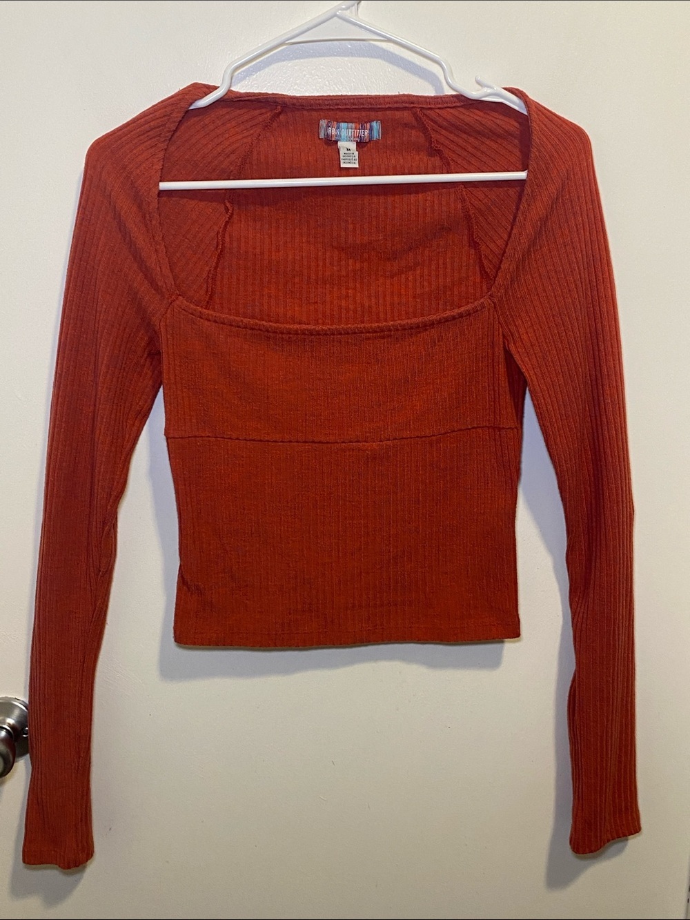 Urban Outfitters Ribbed Square Neck Long Sleeve Top - Rust
